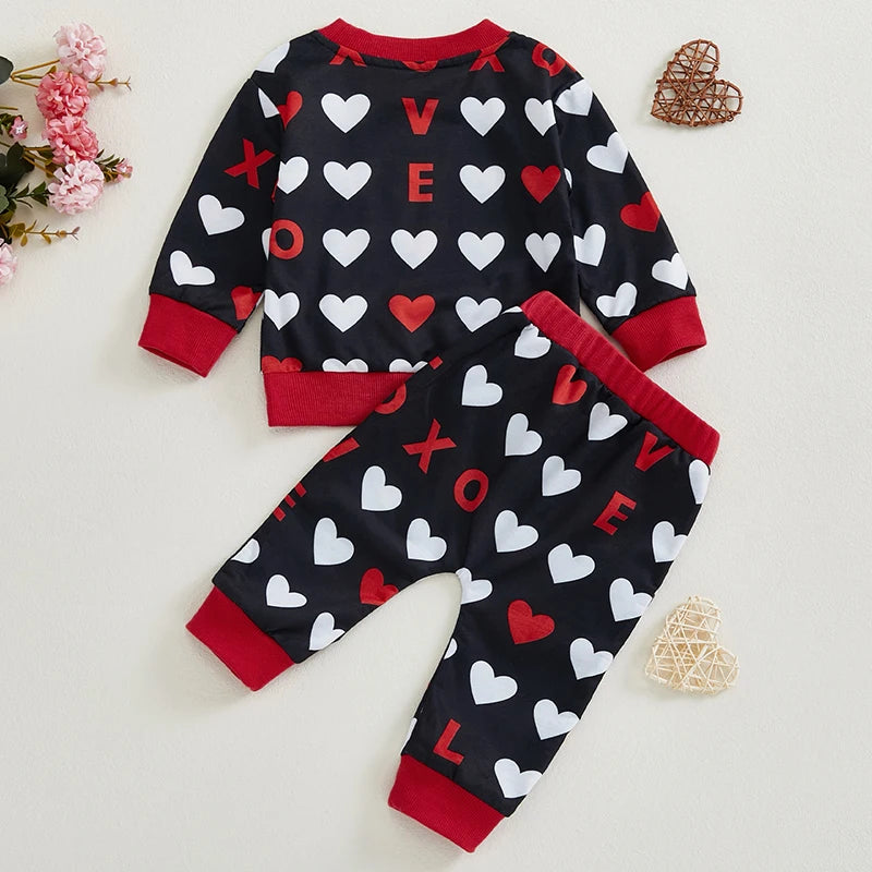 Baby Toddler Boys Girls 2Pcs Valentine's Day Outfit Heart Letter XOXO Love Long Sleeve Crewneck Top and Elastic Pants Valentines Jogger Set