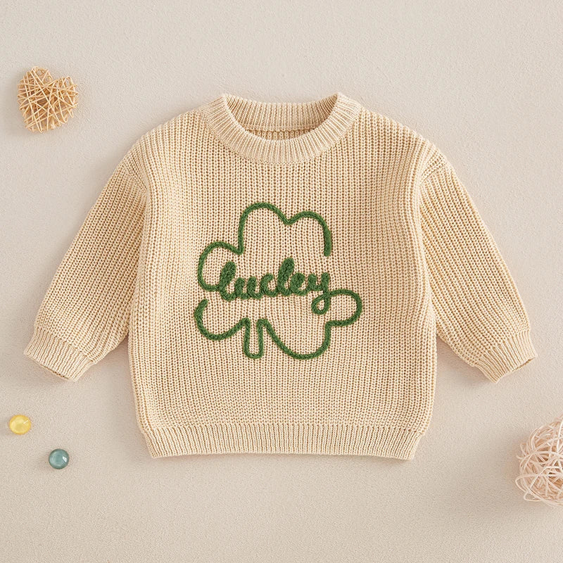 Baby Toddler Kids Boys Girls Lucky Knit Sweater Long Sleeve Round Neck Shamrock Letter Embroidery Pullover Spring St. Patrick's Day Top