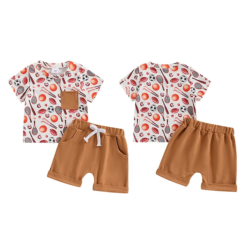 Baby Toddler Boys 2Pcs Outfit Baseball Basketball Soccer Football Sports Print Pocket Short Sleeve Top Elastic Waist Shorts Clothes Set