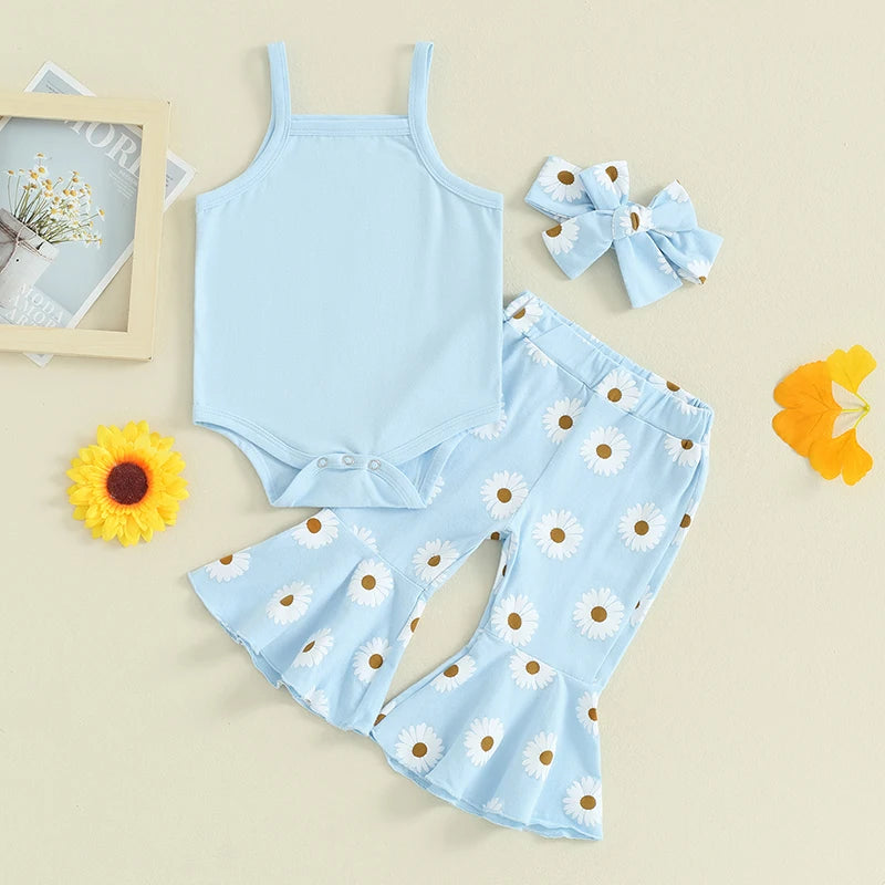 Baby Girls 3Pcs Summer Outfit, Sleeveless Tank Top Romper with Daisy Flower Print Flare Long Pants and Headband