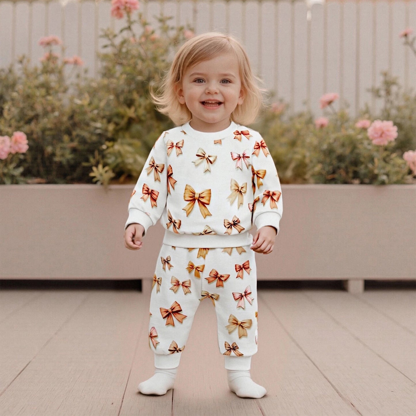 Baby Toddler Girls 2Pcs Spring Outfits Bow Print Long Sleeve Round Neck Pullover Top Elastic Waist Long Pants Jogger Set