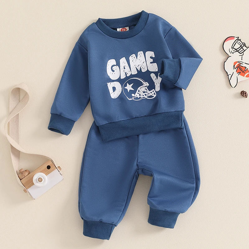 Baby Toddler Boys 2Pcs Game Day Cartoon Letter Football Print Long Sleeve Pullover Top + Casual Pants Set