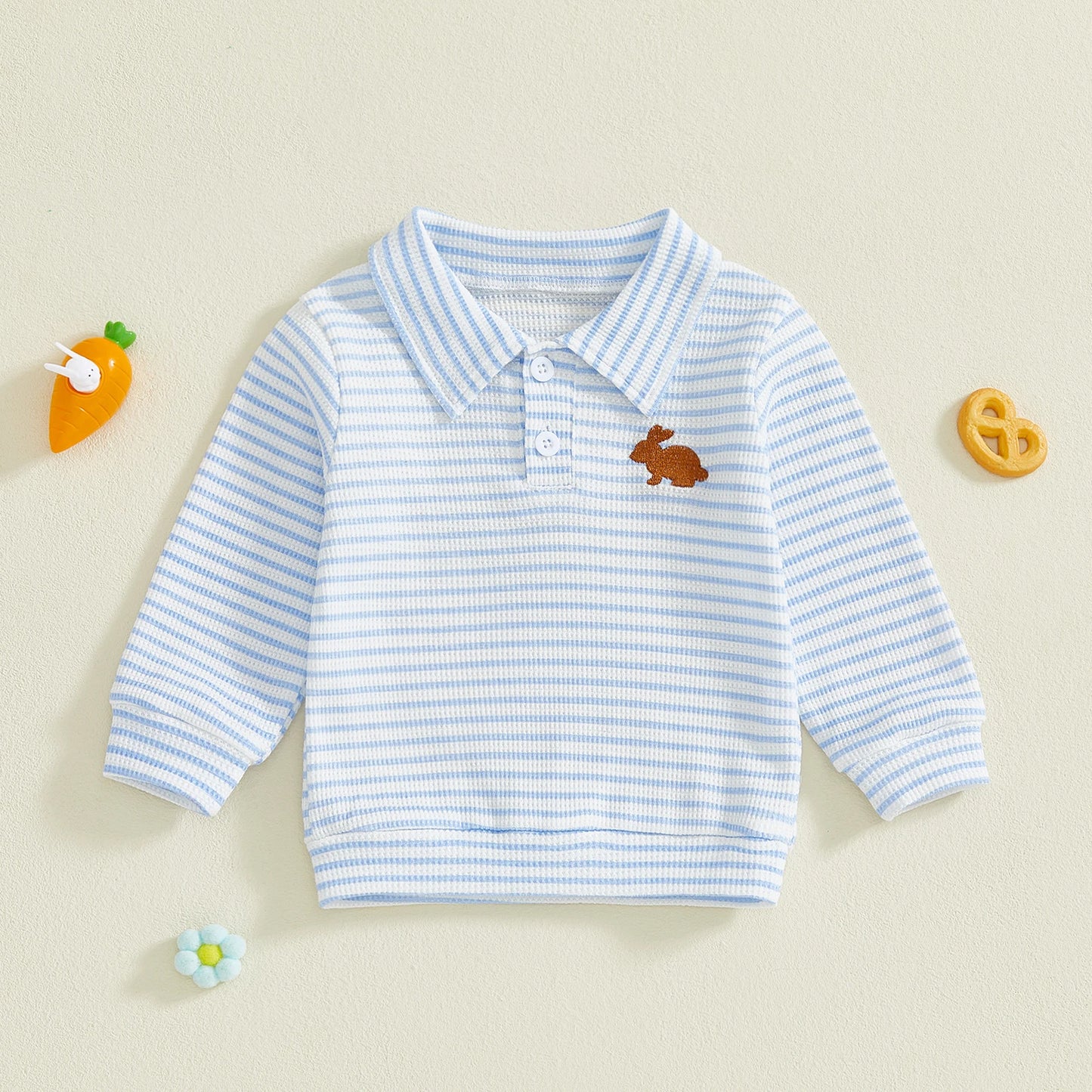 baby Toddler Boys Long Sleeve Turn-down Collar Embroidery Rabbit Striped Top Easter Clothes