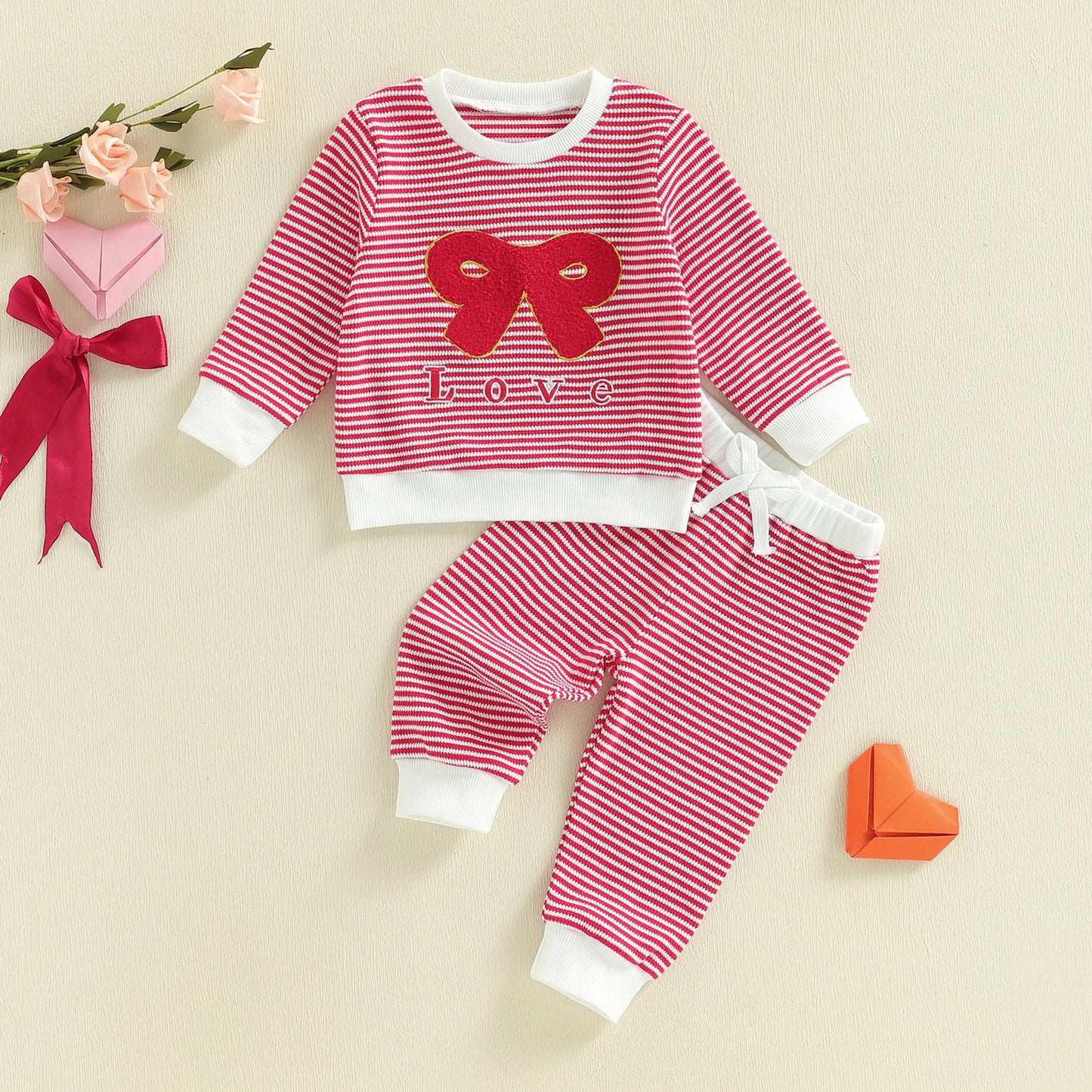 Baby Toddler Girl 2Pcs Valentine's Day Outfit Striped Bow Letter Be Mine / Love Embroidered Long Sleeve Top and Pants 2 Jogger Set