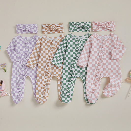 Baby Girl 2Pcs Footies Bodysuit and Headband 2 Pcs Set Checkerboard Ruffled Trim Zip Front Long Sleeve Zipper Romper