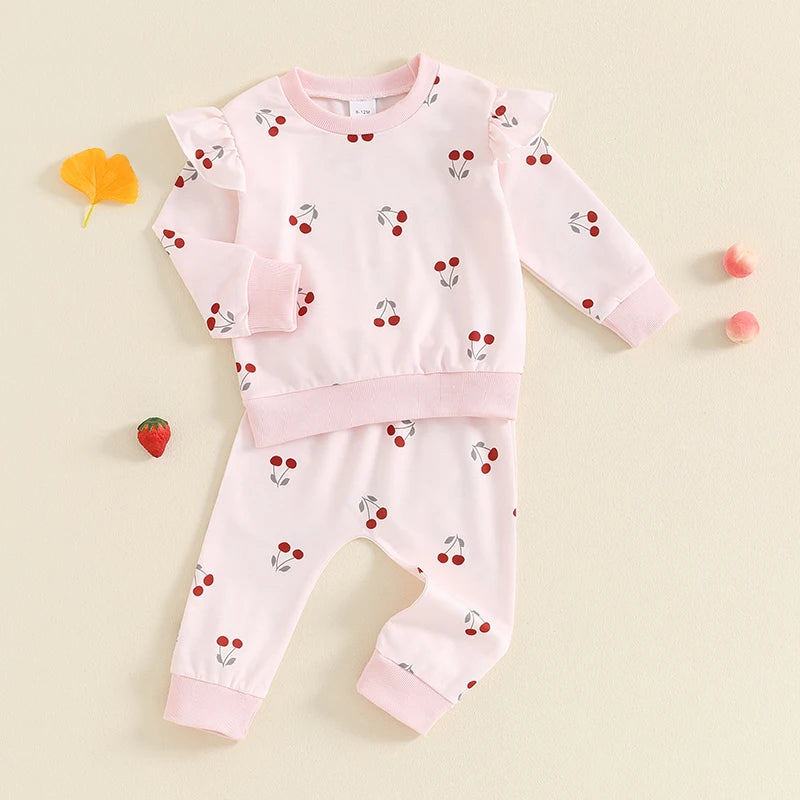 Baby Toddler Girls 2Pcs Fall Outfit Cherry Print Round Neck Long Sleeve Top Elastic Waist Pants Set