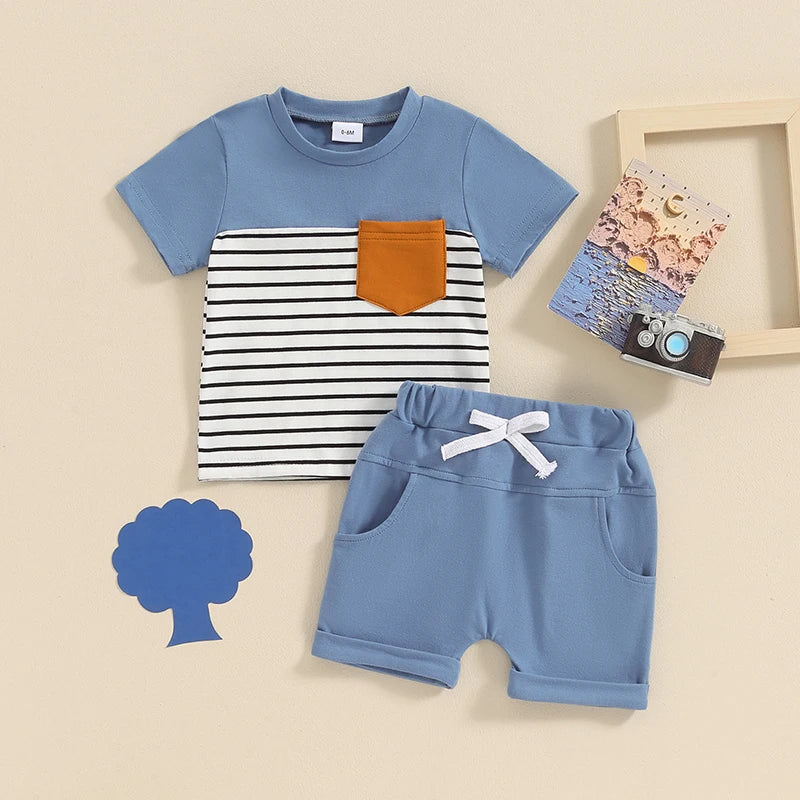 Toddler Baby Boy 2Pcs Summer Outfit Stripe Print Short Sleeve Pocket Top with Solid Color Shorts Set