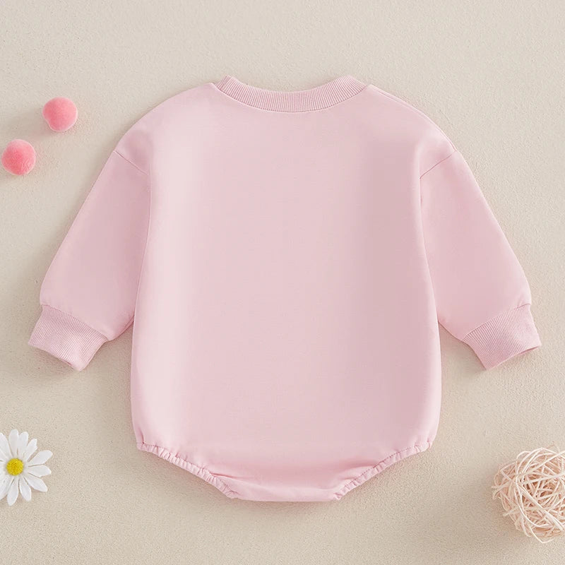 Baby Girl Bubble Romper Heart Bow Embroidery Long Sleeve Crew Neck Valentine's Day Jumpsuit