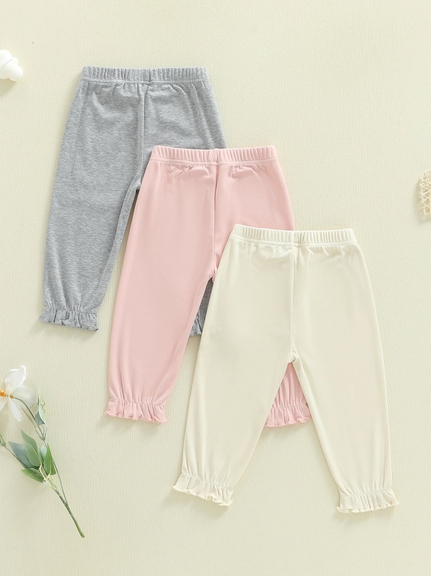 Baby Toddler Girl 3Pcs Pants Set Casual Stylish Solid Color Decorative Bow Elastic Mid Waist Infant Bottoms