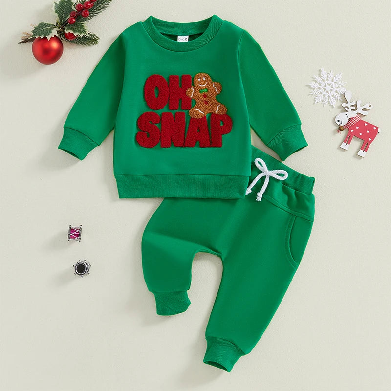 Baby Toddler Boys Girls 2Pcs Christmas Outfit Long Sleeve Oh SNAP Gingerbread Man Embroidery Top Pants Jogger Set Winter