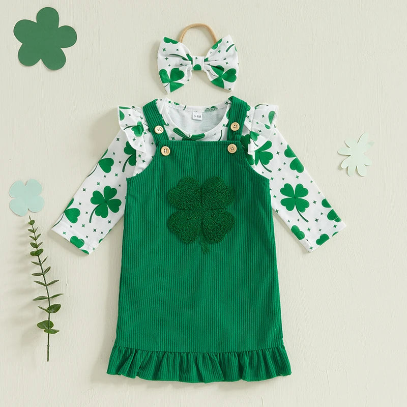 Baby Girls 3Pcs Winter Spring Outfit Valentines Heart/ Four Leaf Clover Print Ruffle Long Sleeve Romper Corduroy Overall Dress Bow Headband Valentine's Day / St. Patrick's Day Set