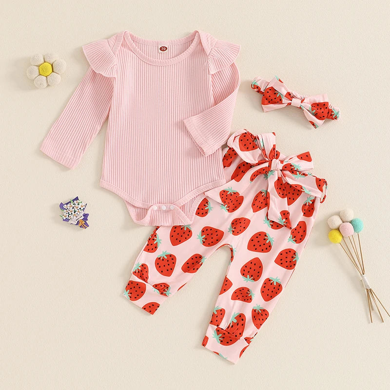 Baby Girls 3Pcs Fall Outfit Ribbed Long Sleeve Romper with Floral / Strawberry Pattern Pants and Headband Set