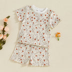 Baby Toddler Girls 2Pcs Set Floral Print Lettuce Trim Short Sleeve T-shirt Top Elastic Waist Shorts Summer Clothes Outfit