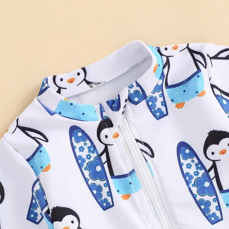 Baby Toddler Boy's Swimwear Short Sleeve Dinosaur Penguin Print Half Zip Up Rash Guard Bathing Suit