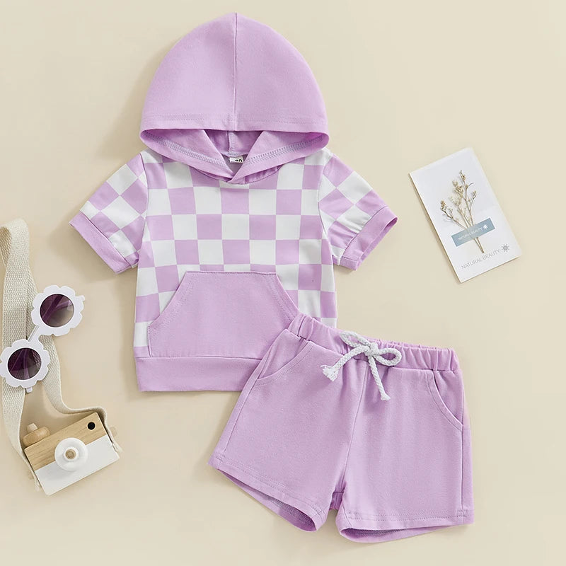 Baby Toddler Boys Girls 2Pcs Short Sleeve Checkerboard Hooded Top with Pocket and Drawstring Shorts Set Outfit