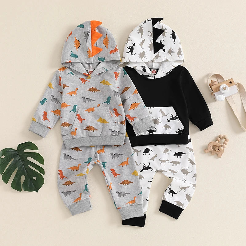 Baby Toddler Boys 2Pcs Fall Clothes Dinosaur Print Long Sleeve Hooded Top  with Elastic Waist Pants Outfit Set