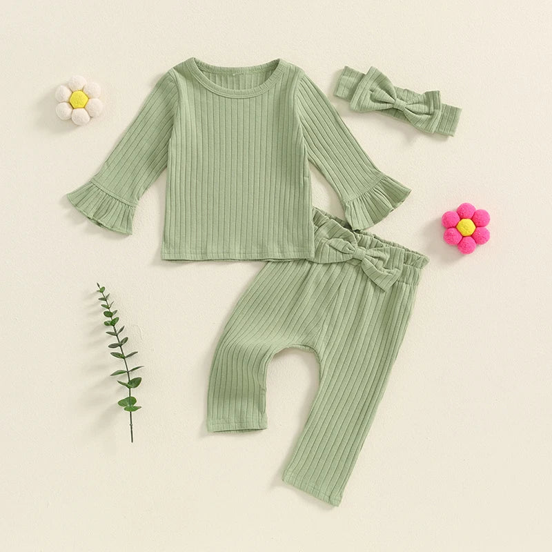 Baby Toddler Girls 3Pcs Outfit Long Flared Sleeve Round Neck Solid Color Top Ribbed Pants Headband Set