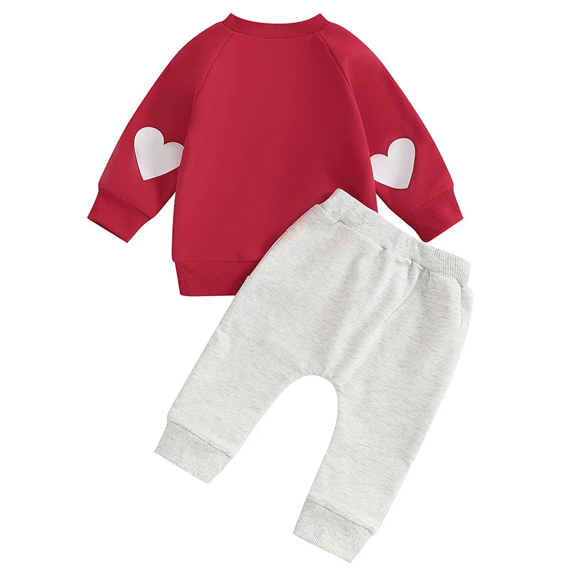 Baby Toddler Boys Girls 2Pcs Valentine Vibes Outfit Letter Print Long Sleeve Crewneck Top with Solid Pants Valentine's Day Jogger Set Valentines