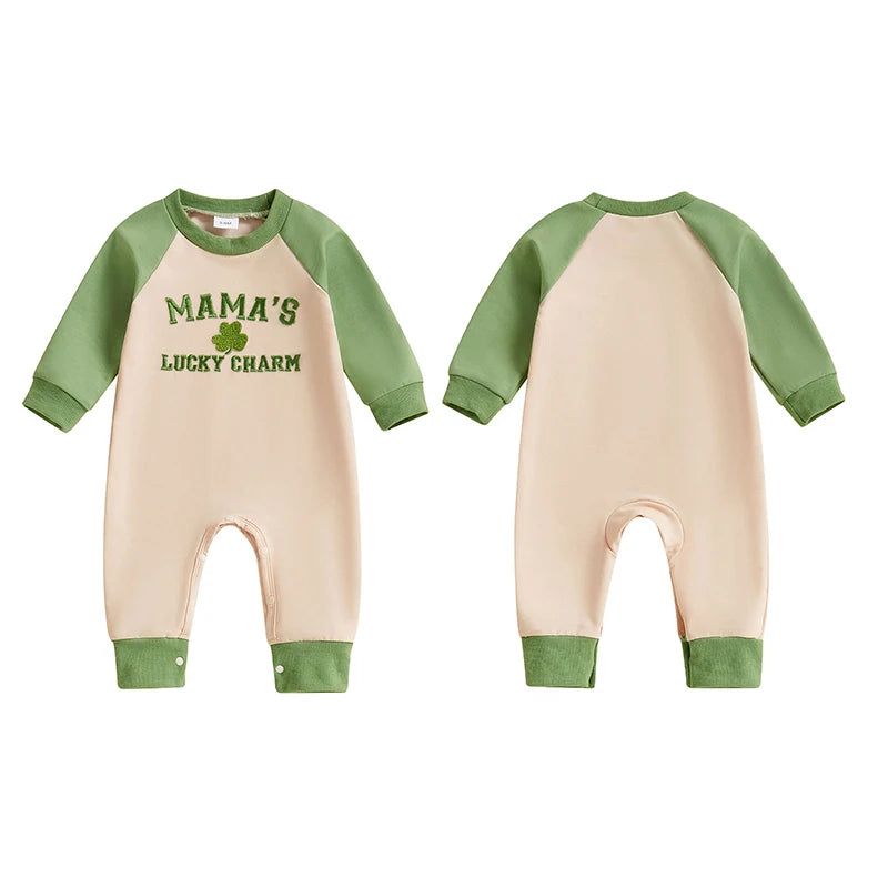 Baby Boys Girls Mama's Lucky Charm St. Patrick's Day Jumpsuit Letter Four Leaf Clover Embroidered Letters Raglan Long Sleeve Romper