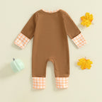 Baby Boys Halloween Romper Pumpkin Dog Embroidery Long Sleeve Round Neck Plaid Jumpsuit
