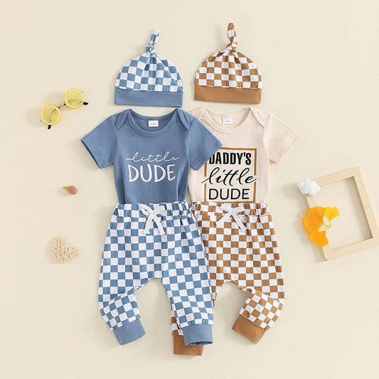 Baby Boys 3Pcs Outfit Daddy's Little Dude Letter Print Crew Neck Short Sleeve Romper Checkerboard Print Long Pants Hat Set