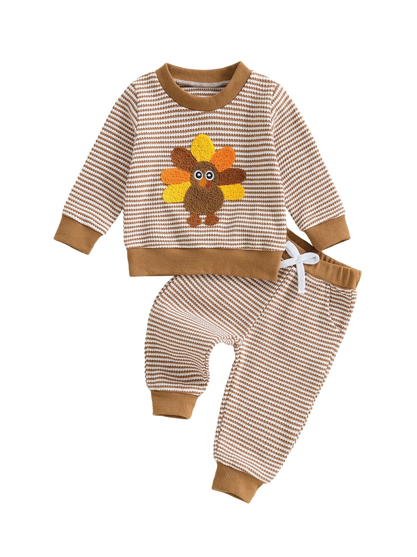 Baby Toddler Girls Boys 2Pcs Thanksgiving Outfits Turkey Embroidery Striped Long Sleeve Top and Elastic Pants Jogger Set