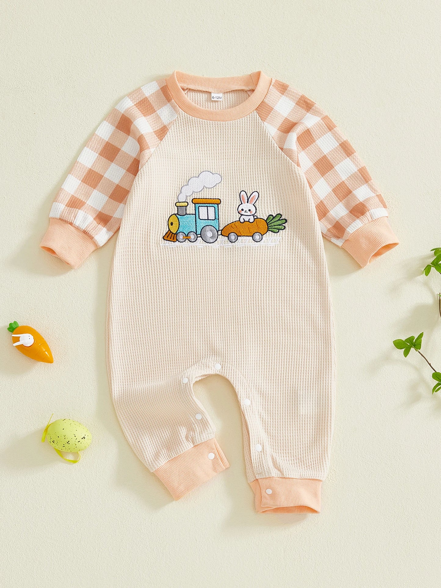 Baby Boy Girl Easter Romper Plaid Long Sleeve Round Neck Bunny Train Embroidery Full Length Jumpsuit