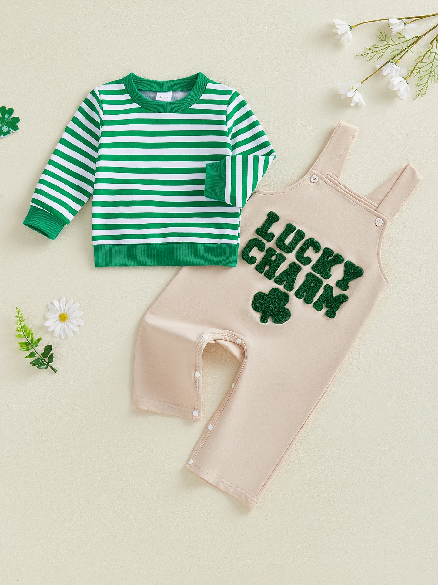 Baby Toddler Boys 2Pcs Spring Outfit Lucky Charm Long Sleeve Top and Shamrock Embroidery Overalls Set Clothes