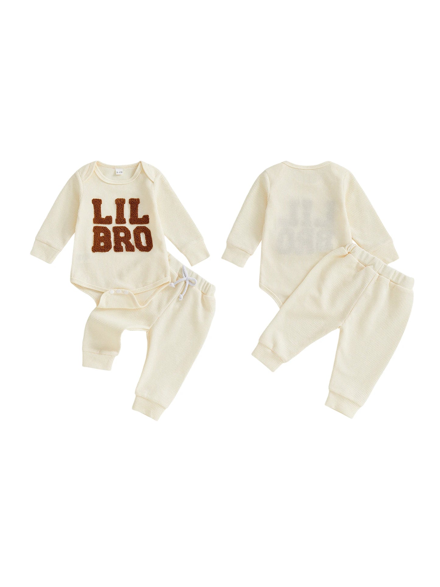 Baby Boy 2Pcs Lil Bro Outfit Waffle Letter Embroidered Ribbed Crew Neck Long Sleeve Romper and Jogger Pants 2 Pcs Set