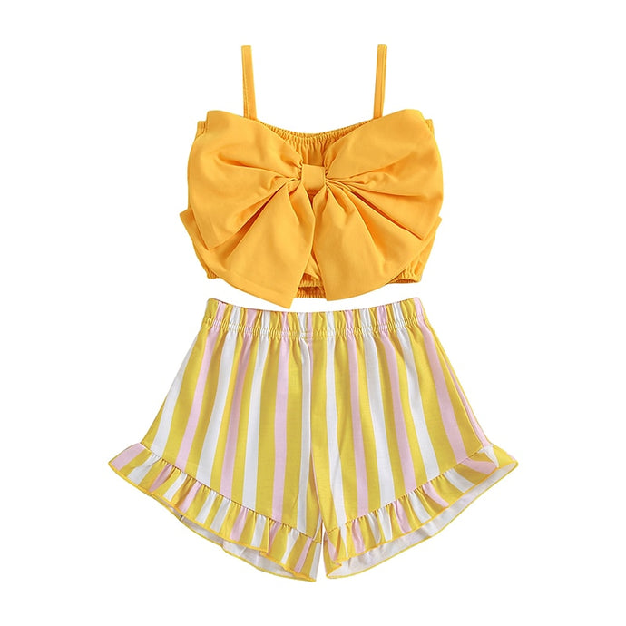 Toddler Kids Baby Girl 2Pcs Outfit Big Bow Solid Tank Top Star Striped Floral Shorts Set Clothes