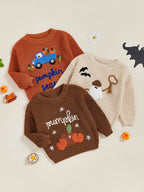 Baby Toddler Kids Boys Girls Halloween Fall Sweater Long Sleeve Round Neck Pumpkin/ Pumpkin Season Truck/Ghost Embroidery Knit Top