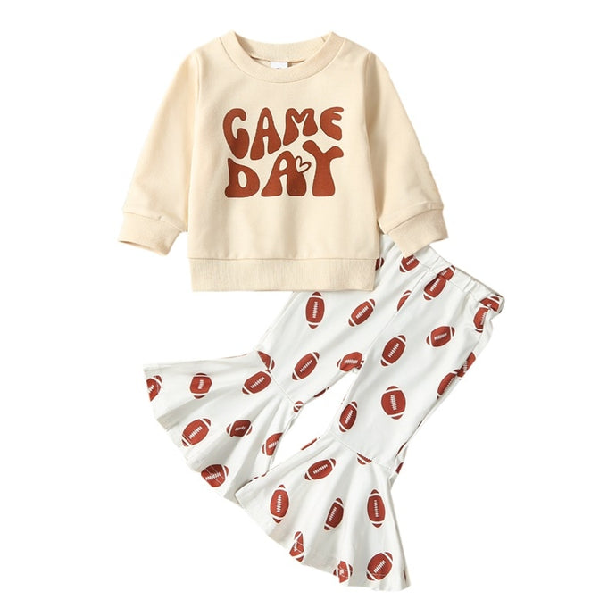 Baby Girl 2Pcs Outfits Game Day Print Long Sleeve Print Bell Bottom Flare Pants Football Set