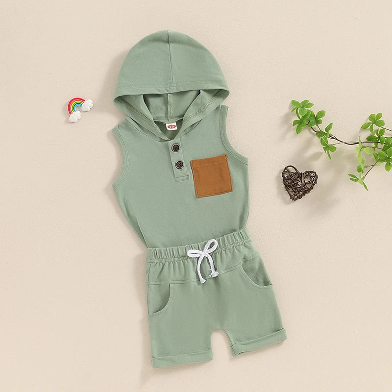 Baby Toddler Boys 2Pcs Summer Outfit Sleeveless Hooded Tank Top with Pocket Elastic Waist Shorts Set