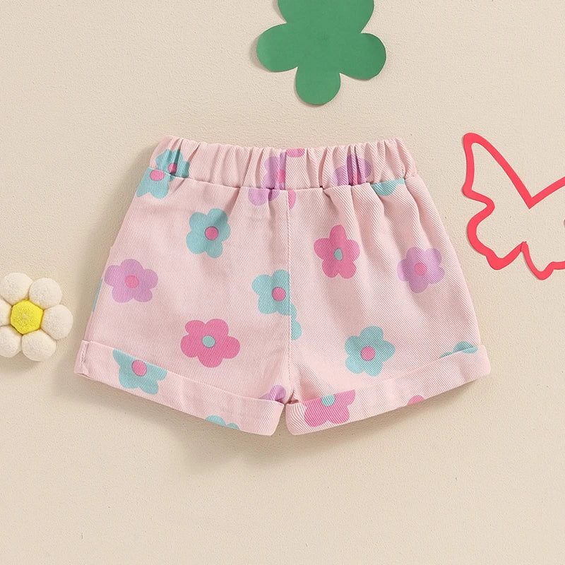 Baby Toddler Girls Summer Denim Shorts Elastic Waist Strawberry Floral Flowers Print Jean Shorts with Pockets