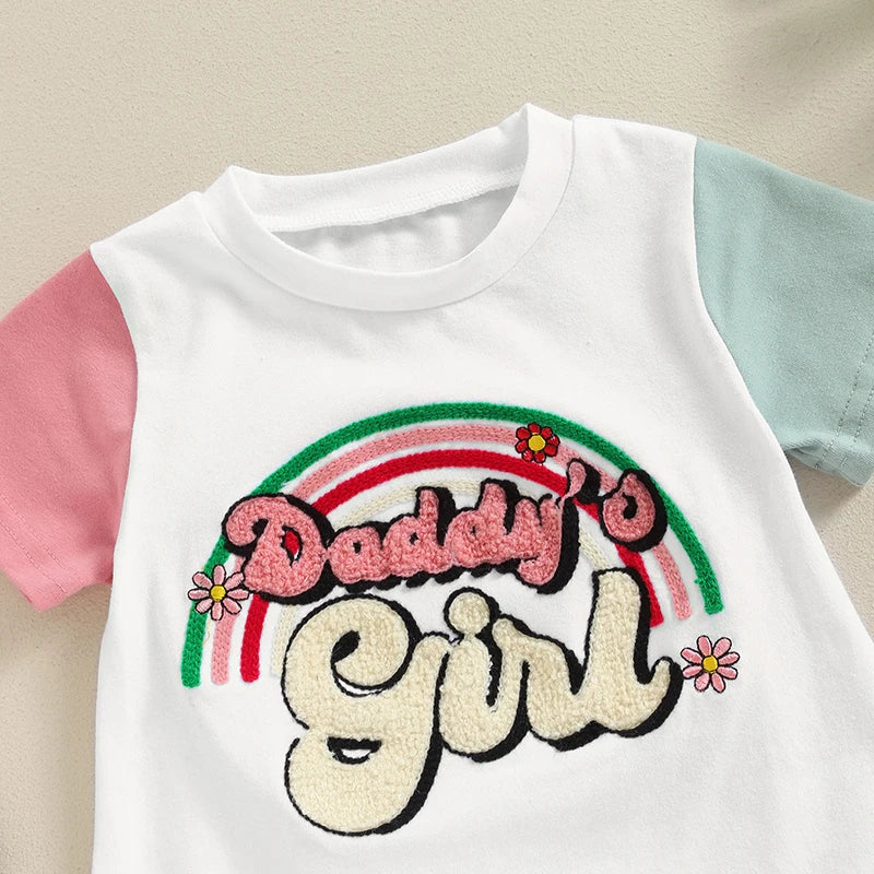 Baby Girls Daddy's Girl Bodysuit Short Sleeve Crew Neck Embroidery Letters Rainbow Jumpsuit Romper