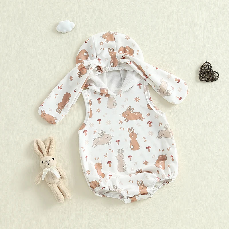 Baby Girls Boys Easter Romper Carrot / Bunny Print Sleeveless Tank Rabbit Ears Hooded Jumpsuit