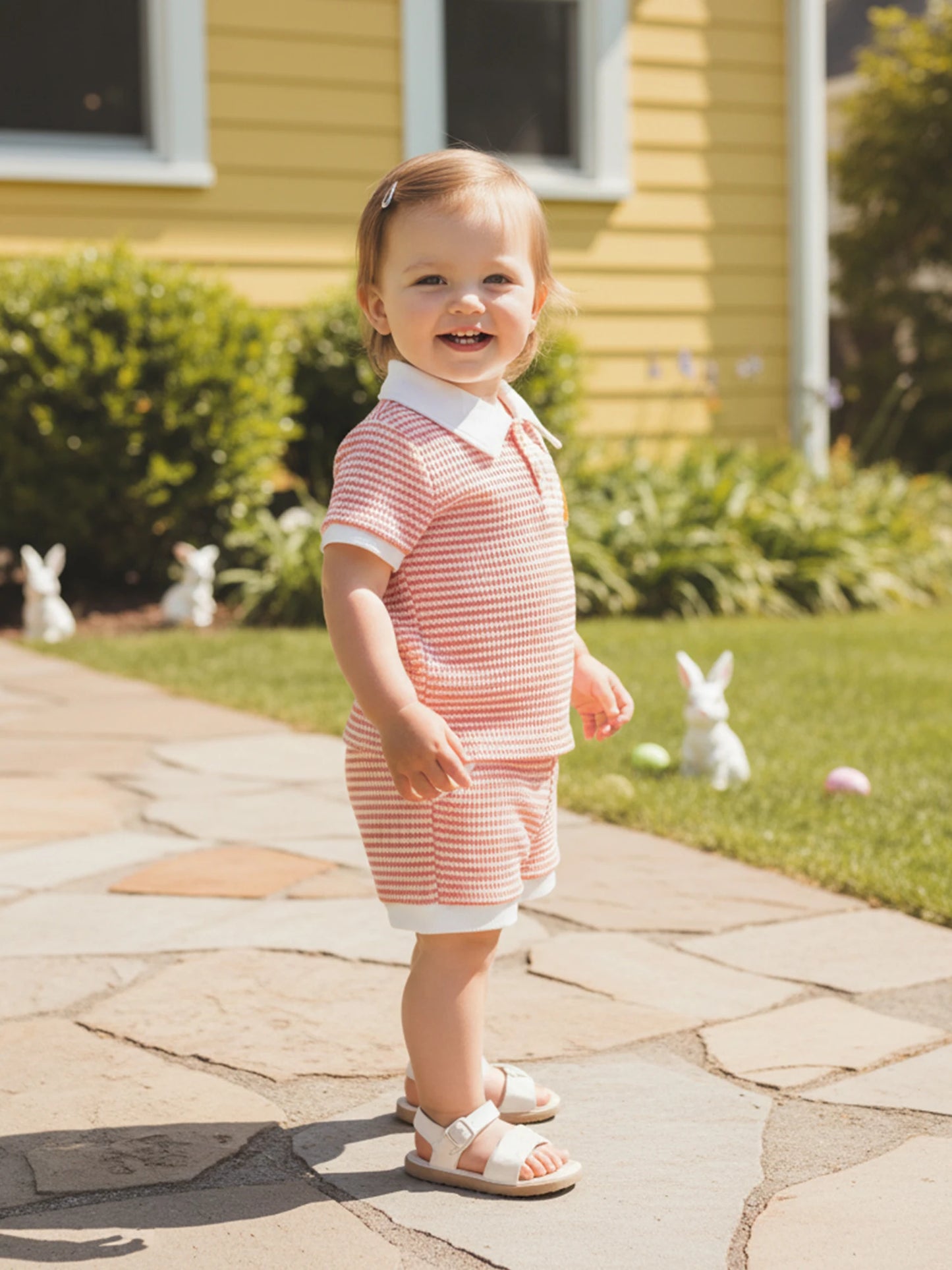 Baby Toddler Boys 2Pcs Easter Outfit Fashionable Striped Short Sleeve Carrot Cross Embroidery Top with Shorts 2Pcs Clothing Set