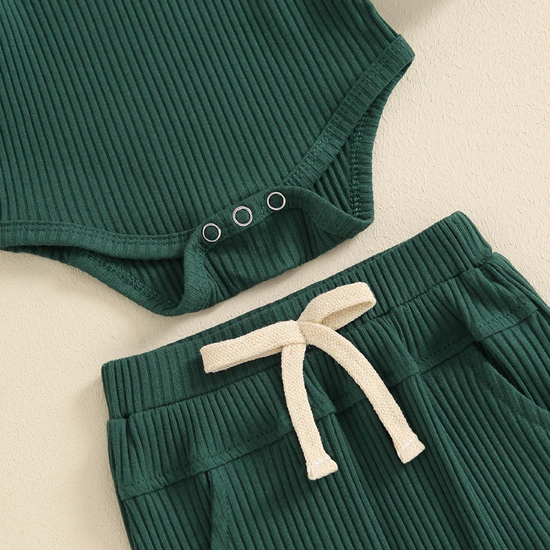 Baby Boys Girls 2Pcs Ribbed Set Button Long Sleeve Romper with Collar Drawstring Pocket Long Pants Outfit Clothes