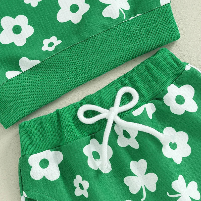 Toddler Baby Girl Boy 3Pcs St. Patrick's Day Outfit Long Sleeve Flower Shamrock Print Crewneck Top Pants with Bow Headband Set