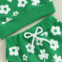 Load image into Gallery viewer, Toddler Baby Girl Boy 3Pcs St. Patrick&#39;s Day Outfit Long Sleeve Flower Shamrock Print Crewneck Top Pants with Bow Headband Set
