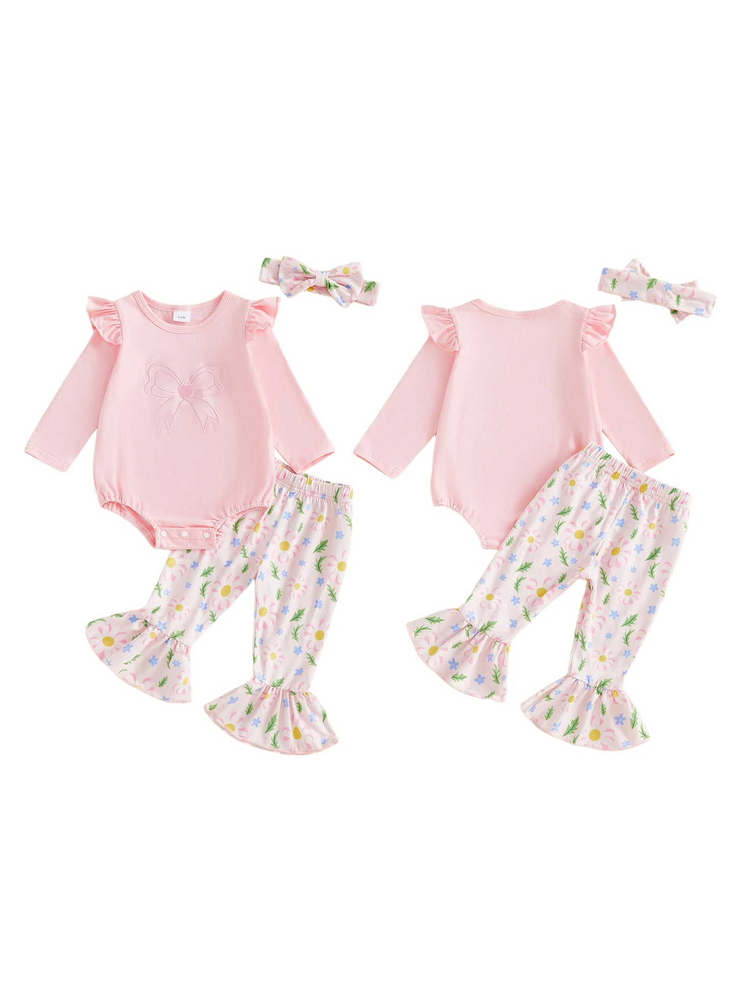 Baby Girls 3 Piece Outfit Long Sleeve Round Neck Bow Embroidery Jumpsuit Headband Elastic Waist Flared Pants Set