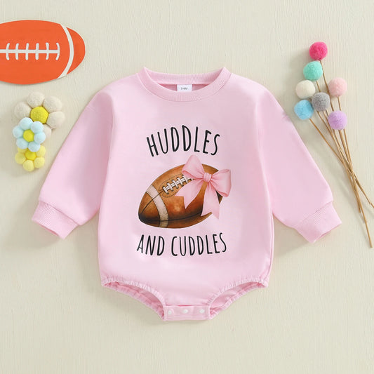 Baby Girl Huddles and Cuddles Bubble Romper Long Sleeve Crew Neck Bow Football Print Bodysuit Clothes