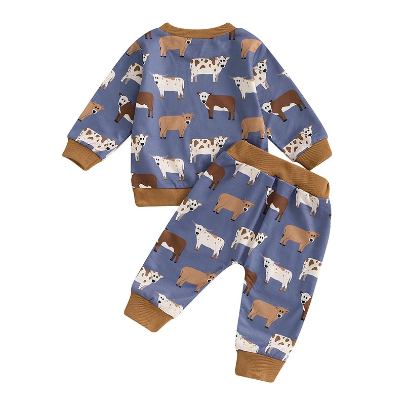 Baby Toddler Boys 2Pcs Cow Print Long Sleeve Crew Neck Top with Elastic Waist Pants Clothes Outfit Set