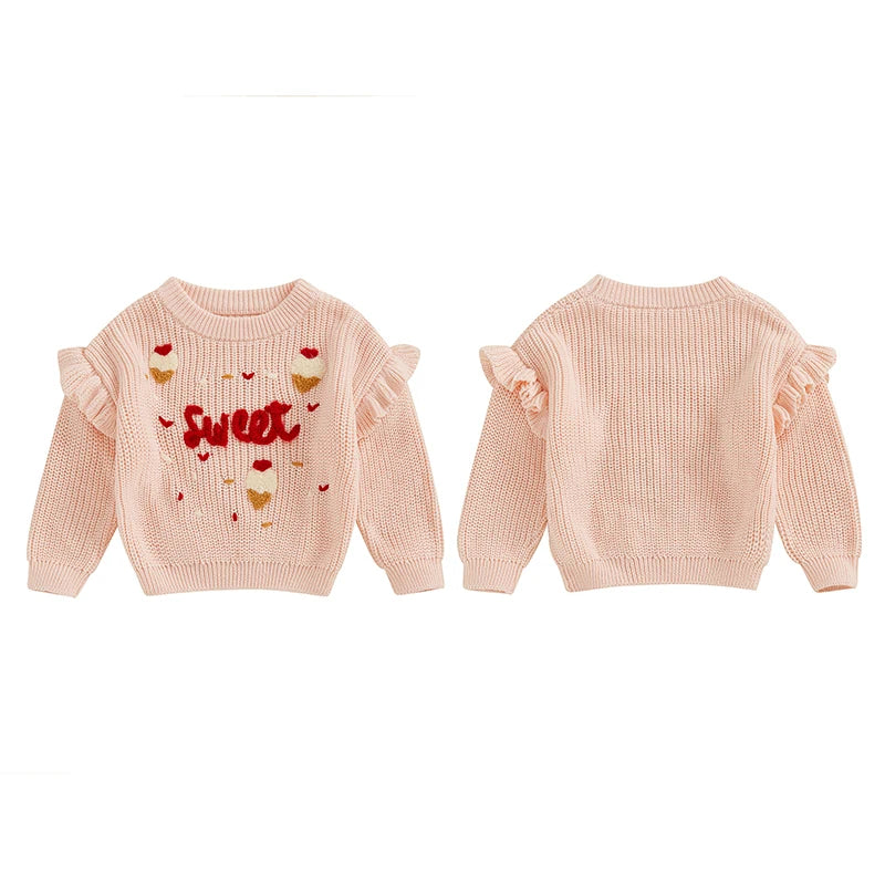 Baby Toddler Girls Valentine's Day Sweater Long Sleeve Round Neck Ice Cream Heart Letters Sweet Embroidery Knit Pullover Top Valentines