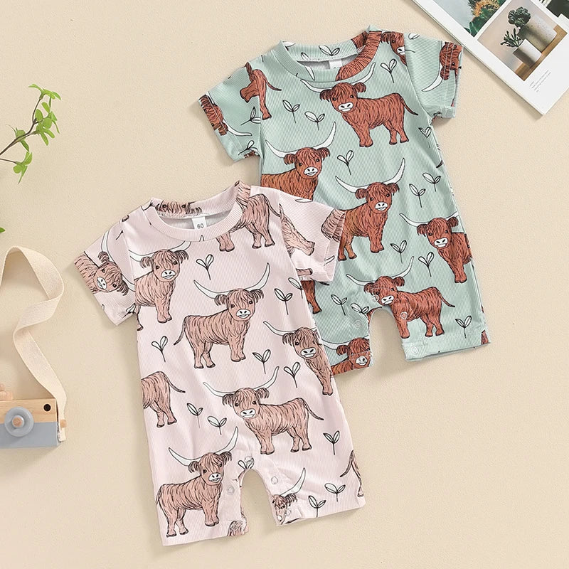 Baby Boys Girls Western Jumpsuit Short Sleeve Crew Neck Highland Cow Print Summer Casual Romper