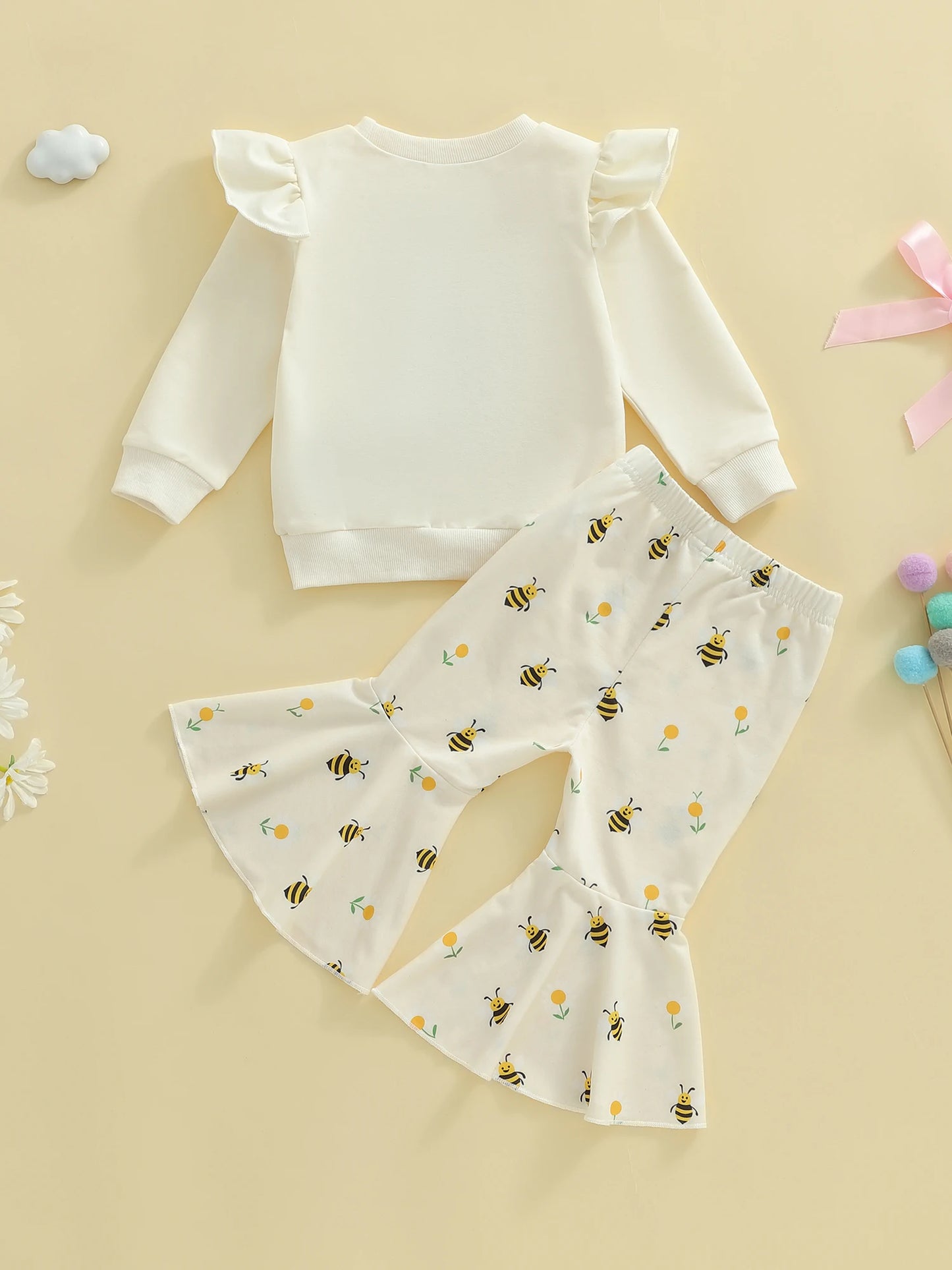 Baby Toddler Girls 2Pcs Pants Sets Long Sleeve O Neck Bear Embroidery Top Bee Print Flared Pants