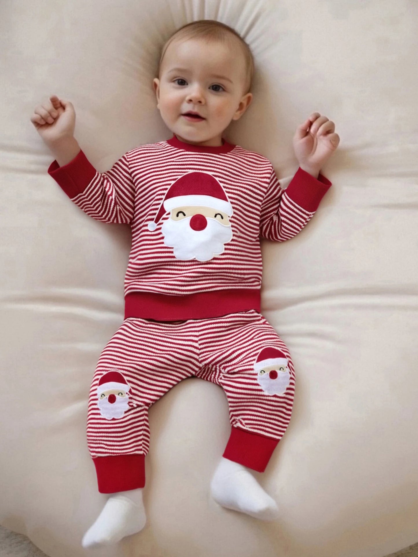 Baby Toddler Boys 2Pcs Striped Set Santa Claus Embroidery Long Sleeve Pullover Top with Pants Christmas Outfit