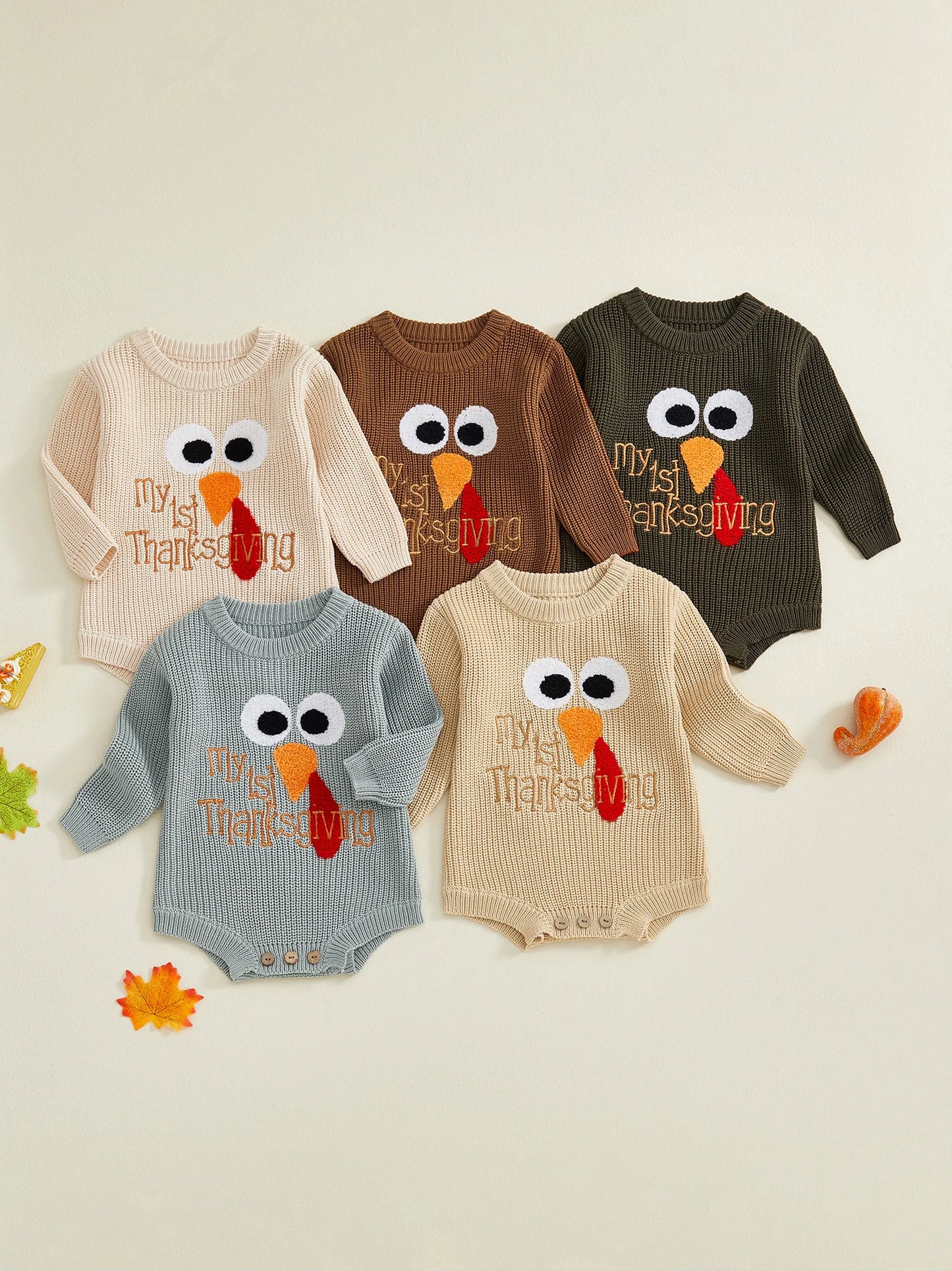 Baby Boys Girls My First Thanksgiving Romper Turkey Embroidery Long Sleeve Crew Neck Knit Bodysuit Romper