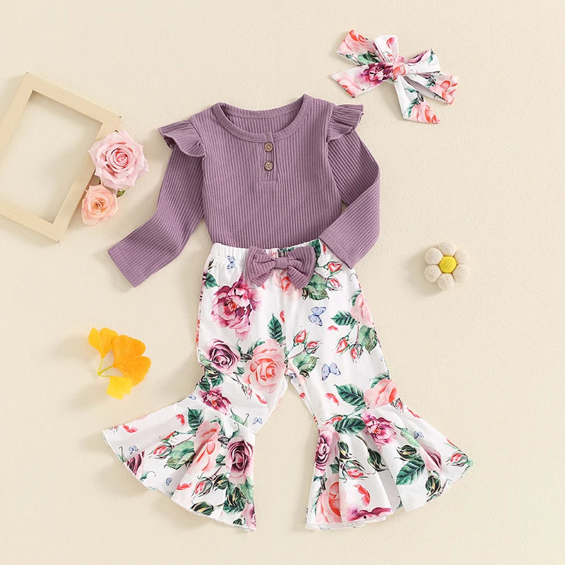 Baby Girls 3Pcs Fall Outfit Ribbed Long Sleeve Romper and Elastic Floral Print Flared Pants Headband Set