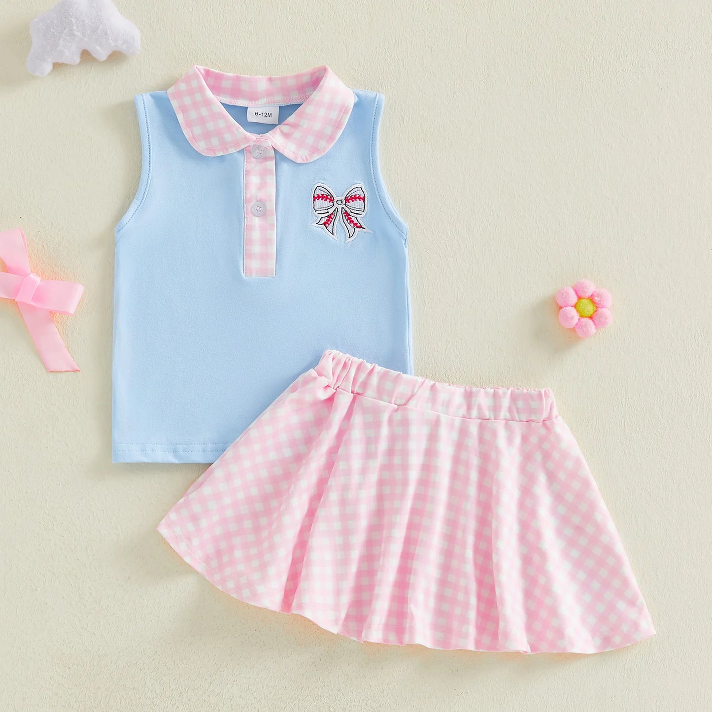 Baby Toddler Girls 2Pcs Outfit Bow Embroidery Sleeveless Turn Down Collar Tank Top and Elastic Waist Plaid Skirt Set